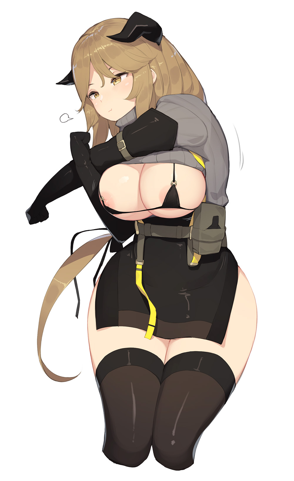 1girl :t areola_slip areolae arknights black_gloves black_legwear breasts brown_eyes brown_hair ce-_-3 clothes_lift cropped_legs elbow_gloves english_commentary gloves hair_ribbon highres horns large_breasts long_hair low-tied_long_hair meteorite_(arknights) nipple_slip nipples o-ring o-ring_top pelvic_curtain ribbed_sweater ribbon sidelocks simple_background skirt solo stretch sweater sweater_lift thighhighs underbust very_long_hair white_background