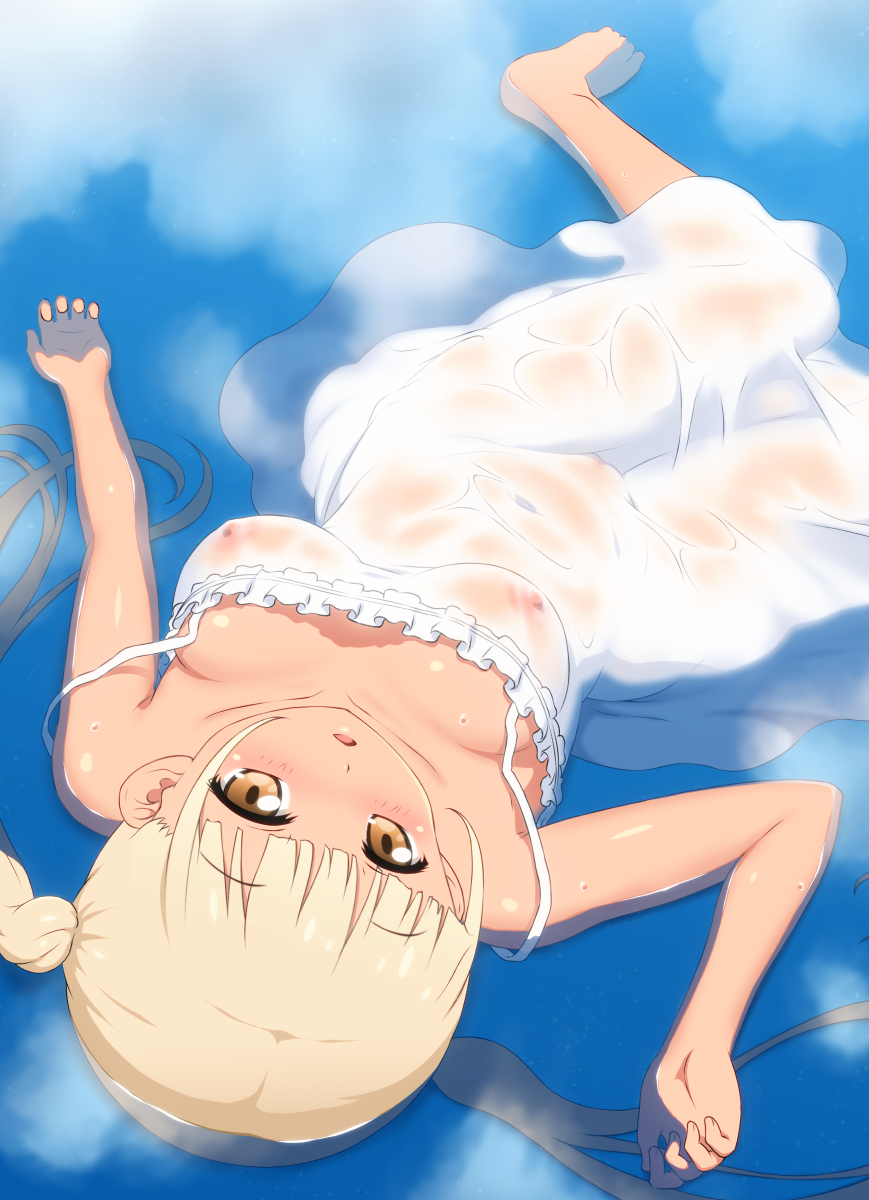 1girl areolae bangs bare_shoulders barefoot blonde_hair blunt_bangs blush breasts breasts_apart brown_eyes capitan_(tsyoujo) cloud collarbone covered_navel covered_nipples day dress eyebrows_visible_through_hair frilled_dress frills groin hand_up highres large_breasts looking_at_viewer looking_up lying nipples no_bra no_panties on_back original outdoors parted_lips partially_submerged reflection see-through shiny shiny_skin sidelocks sleeveless sleeveless_dress solo strap_slip taut_clothes taut_dress twintails upside-down water water_drop wet wet_clothes wet_dress white_dress