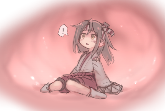 ! 1girl blush brown_eyes hachimaki headband high_ponytail inside_creature japanese_clothes kantai_collection kimono light_brown_hair long_hair long_sleeves open_mouth red_shorts shorts solo spoken_exclamation_mark stomach_(organ) utopia vore white_kimono white_legwear zuihou_(kantai_collection)