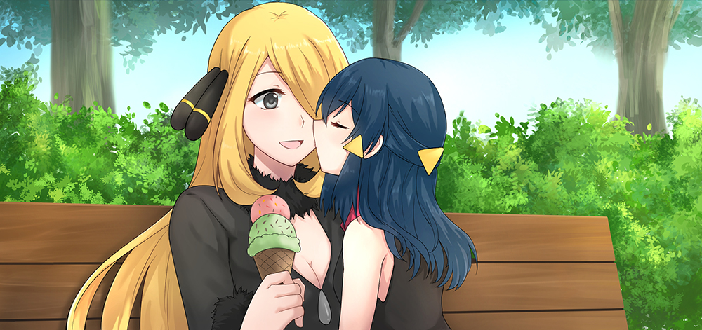 2girls :d bangs bench black_coat blonde_hair blue_hair breasts bush cleavage closed_eyes coat commentary_request day eyelashes food fur-trimmed_coat fur-trimmed_collar fur_trim grey_eyes hair_ornament hair_over_one_eye hikari_(pokemon) holding holding_food ice_cream ice_cream_cone kiss long_hair looking_at_another multiple_girls on_bench open_mouth outdoors pandagirlz pokemon pokemon_(game) pokemon_dppt scarf shiny shiny_hair shirona_(pokemon) sitting smile tongue tree yuri