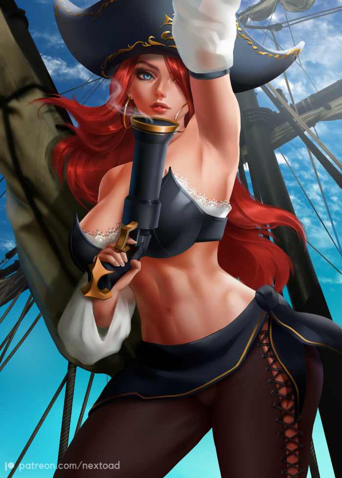 1girl armpits artist_name bare_shoulders black_headwear black_pants blue_eyes blue_sky breasts cloud cloudy_sky crop_top day detached_sleeves earrings finger_on_trigger gun hair_over_one_eye hand_up handgun hat holding holding_gun holding_weapon jewelry large_breasts league_of_legends long_hair looking_at_viewer musket nextoad pants patreon_username pirate pirate_costume pirate_hat red_hair rope sarah_fortune ship skirt sky smoke smoking_gun solo standing thigh_strap tricone watercraft watermark weapon