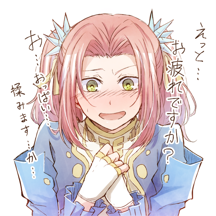 1girl blush daijoubu?_oppai_momu? eleanor_hume embarrassed fingerless_gloves gloves green_eyes hair_intakes hair_ornament hair_ribbon long_hair mishiro_(andante) open_mouth pink_hair ribbon shiny shiny_hair simple_background solo tales_of_(series) tales_of_berseria twintails upper_body white_background white_gloves yellow_ribbon