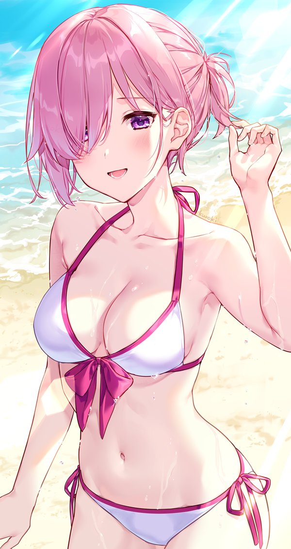 1girl :d adapted_costume arm_up bare_arms bare_shoulders beach bikini blush breasts cleavage collarbone commentary_request cowboy_shot day fate/grand_order fate_(series) front-tie_bikini front-tie_top hair_over_one_eye kuroki_(ma-na-tu) mash_kyrielight medium_breasts navel open_mouth outdoors pink_hair purple_eyes short_hair short_ponytail side-tie_bikini smile solo stomach swimsuit swimsuit_of_perpetual_summer water white_bikini