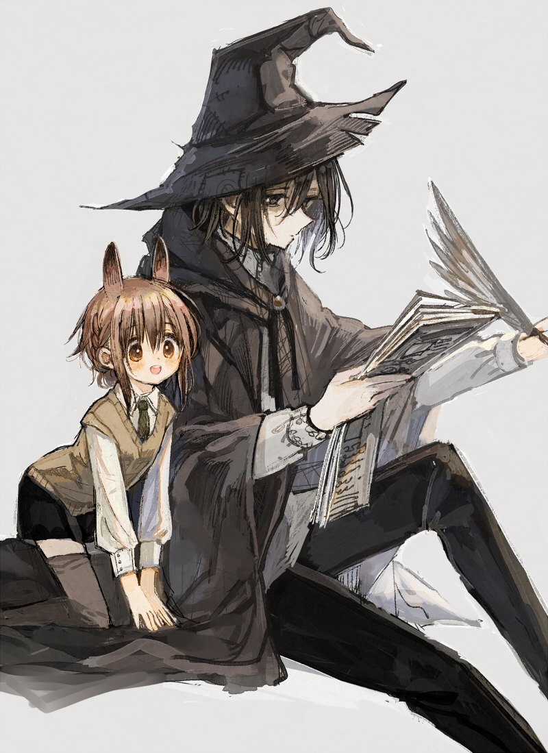 2girls age_difference animal_ears black_eyes black_hair black_legwear black_shorts brown_eyes brown_hair bunny_ears cape child dress_shirt extra_ears hat itou_hachi long_sleeves multiple_girls necktie original quill shirt shorts thighhighs vest witch_hat