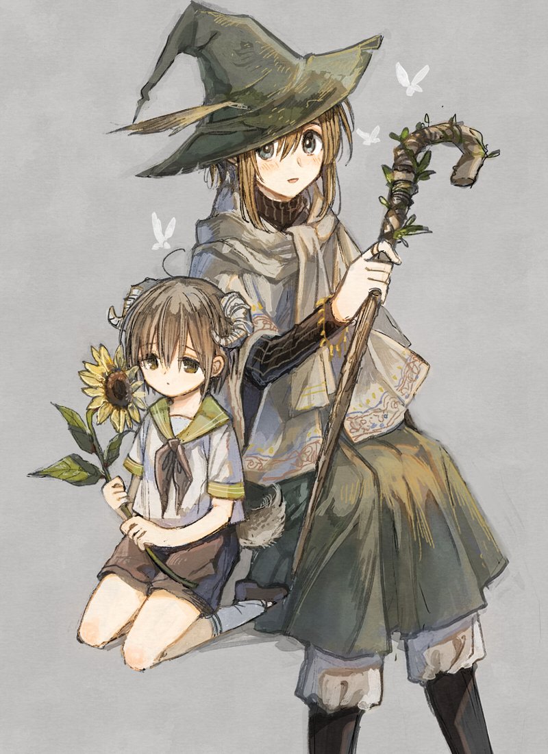 2girls age_difference ahoge brown_hair cane child dress flower green_dress green_sailor_collar hat holding holding_cane horns itou_hachi long_sleeves multiple_girls original poncho sailor_collar school_uniform serafuku short_hair shorts socks sunflower tareme white_legwear witch_hat