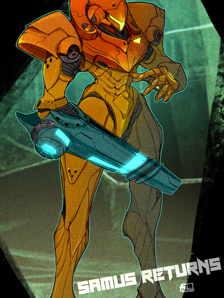 1girl arm_cannon armor full_armor hand_up helmet metroid out_of_frame pauldrons power_armor power_suit samus_aran shoulder_armor shoulder_pads standing teke visor visor_(armor) weapon