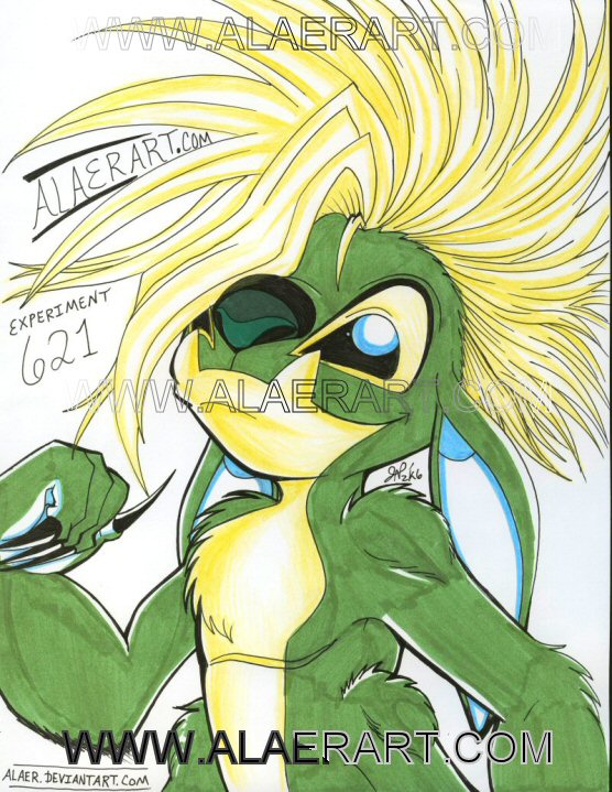 2006 4_arms alaer alien black_claws black_eyes blonde_hair character_name chopsuey claws colored_pencil_(artwork) disney distracting_watermark ears_down english_text experiment_(lilo_and_stitch) fur green_body green_fur green_nose hair lilo_and_stitch looking_at_viewer mixed_media mohawk_(hairstyle) multi_arm multi_limb pivoted_ears simple_background smile solo text traditional_media_(artwork) url watermark white_background yellow_body yellow_fur
