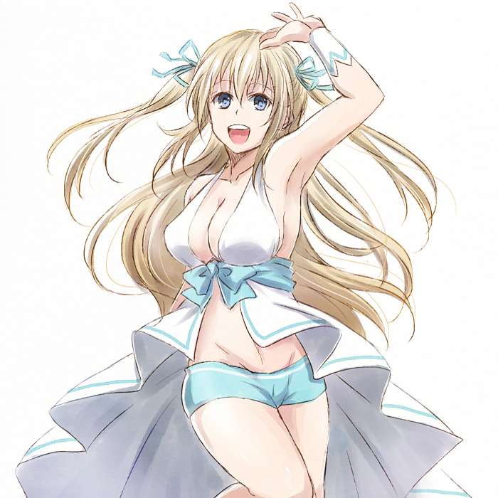 1girl :d amagi_brilliant_park arm_up armpits bangs blonde_hair blue_eyes blue_ribbon blue_shorts breasts cleavage collarbone eyebrows_visible_through_hair floating_hair groin hair_between_eyes hair_ribbon large_breasts long_hair midriff mishiro_(andante) navel open_mouth ribbon shiny shiny_hair short_shorts shorts sideboob simple_background sketch smile solo stomach sylphy_(amaburi) twintails very_long_hair white_background