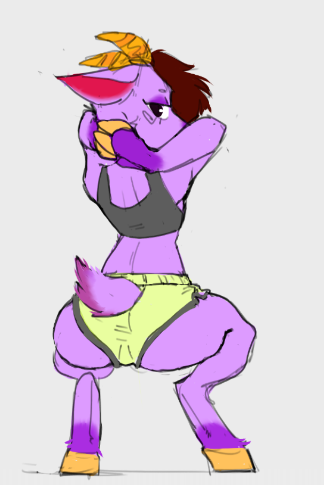 anthro athletic athletic_anthro athletic_male biped bottomwear bovid bra butt caprine circle_eyebrows clothed clothing colored colored_sketch crop_top crouching digital_drawing_(artwork) digital_media_(artwork) ears_back exercise exercise_clothing eye_tattoo eyebrows eyelashes fingers flat_colors fur girly goat hair hands_behind_head hooved_fingers hooves horn hotpants kidden_eksis long_hair looking_at_viewer looking_back male mammal multicolored_body multicolored_fur multicolored_skin pivoted_ears purple_body purple_skin raised_tail rear_view rough_sketch shirt shorts simple_background sketch slim slim_body slim_waist solo sports_bra suggestive suggestive_pose tail_tuft tattoo topwear tuft underwear white_background workout workout_clothing