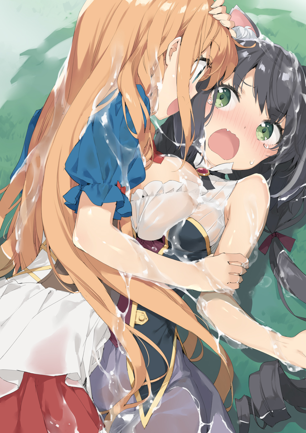 2girls ahoge animal_ear_fluff animal_ears arm_grab bangs black_hair blue_eyes blue_sleeves blush braid breast_press breasts cat_ears cat_girl commentary_request dress embarrassed eyebrows_visible_through_hair grass green_eyes hair_ribbon highres karyl_(princess_connect!) large_breasts long_hair looking_at_another low_twintails lying lying_on_person multicolored_hair multiple_girls on_back on_stomach open_mouth orange_hair outdoors pecorine peko princess_connect! princess_connect!_re:dive puffy_short_sleeves puffy_sleeves red_ribbon ribbon short_sleeves side_braid sleeveless sleeveless_dress smile streaked_hair suggestive_fluid symmetrical_docking tears tiara twintails wavy_mouth white_hair yuri