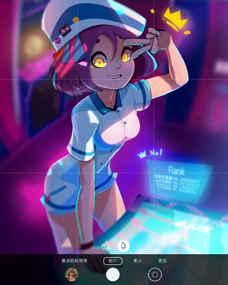 1girl :d acdc arcade arcade_cabinet arm_support badge bangs blurry bob_cut breasts button_badge buttons commentary_request crown_(symbol) depth_of_field fake_screenshot from_above glowing hair_between_eyes hand_up hat indoors lamb_goes_baaaaa large_breasts leaning_forward legs_apart looking_at_viewer neon_lights open_mouth original parted_bangs pink_hair pose romper sailor_hat shiny shiny_hair short_sleeves smile standing striped_sleeves thick_eyebrows thighs translation_request v wristband yellow_eyes