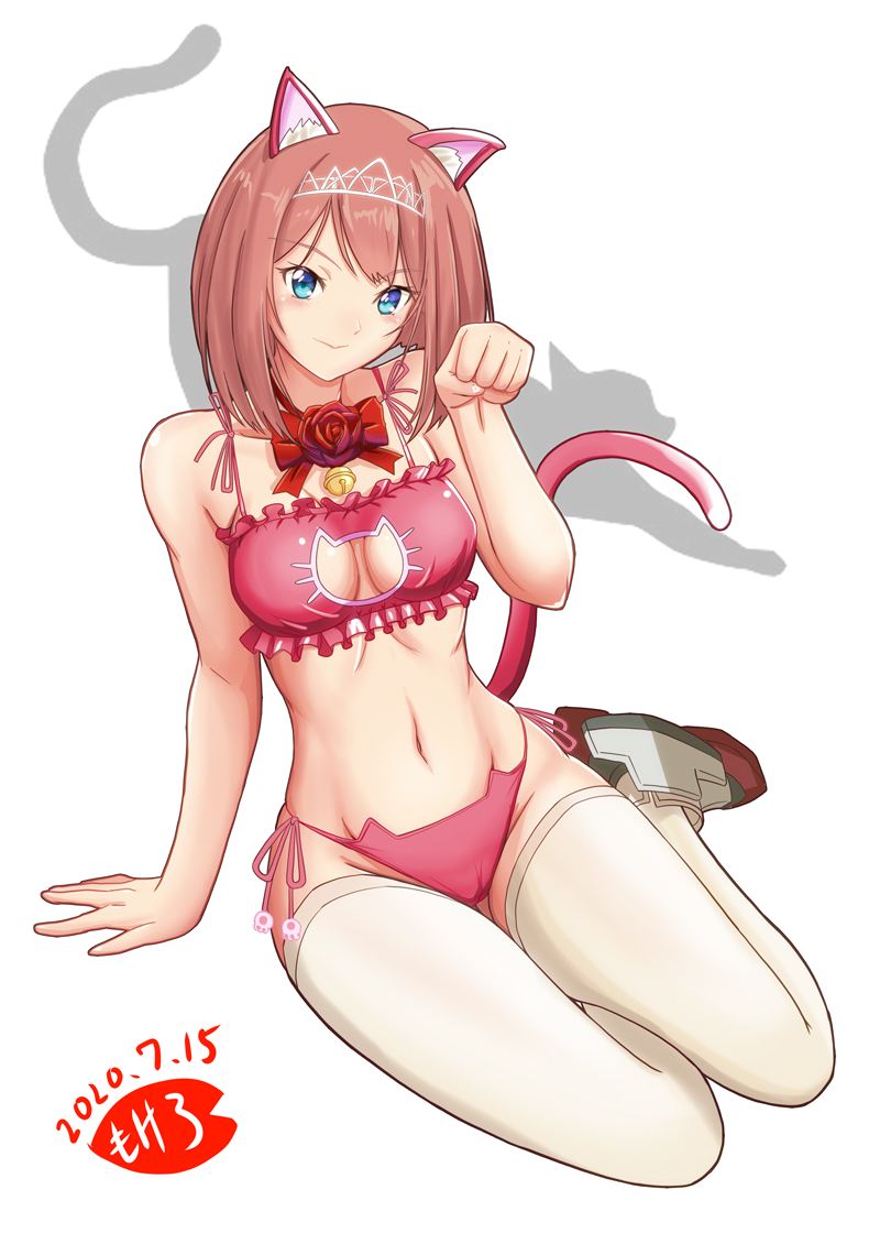 1girl animal_ears ark_royal_(kantai_collection) artist_logo bangs bell bell_choker blue_eyes blunt_bangs bob_cut bow bra cameltoe cat cat_cutout cat_ear_panties cat_ears cat_lingerie cat_tail choker cleavage_cutout commentary_request dated flower frilled_bra frilled_panties frills full_body groin hairband jingle_bell kantai_collection looking_at_viewer meme_attire mokerou navel panties paw_pose pink_bra pink_panties red_bow red_flower red_hair red_rose rose short_hair side-tie_panties silhouette simple_background solo tail thighhighs tiara underwear underwear_only white_background white_legwear