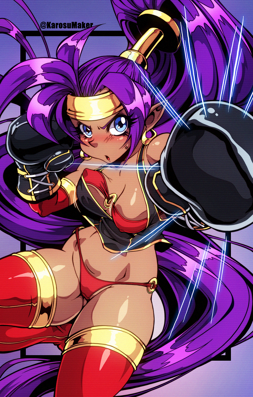 :o absurdly_long_hair artist_name big_hair bikini black_border black_gloves blue_eyes blush boots border bouncing_breasts boxing boxing_gloves breasts bruise cameltoe cleavage commentary cowboy_shot crop_top earrings english_commentary gloves groin hair_ornament headband high_ponytail highleg highleg_bikini highres hoop_earrings injury jewelry karosu_maker long_hair looking_at_viewer o-ring o-ring_bikini o-ring_bottom o-ring_top outside_border partially_visible_vulva punching_at_viewer purple_border purple_hair red_bikini red_footwear scanlines shantae_(character) shantae_(series) shiny shiny_clothes shiny_hair shiny_skin sideboob skindentation swimsuit thigh_boots thighhighs toned twitter_username underboob v-shaped_eyebrows very_long_hair
