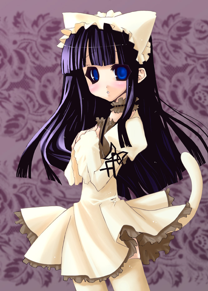 1girl animal_hat bad_id blue_eyes cat_hat dress hands_on_own_chest hat hat_with_ears hazuki_(tsukuyomi) long_hair momosui_piromi purple_hair solo tail thighhighs tsukuyomi_moonphase zettai_ryouiki