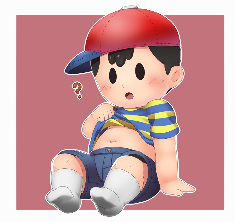 1boy :o ? baseball_cap belly black_hair blue_shorts blush child hat lifted_by_self male_focus midriff mizuki_(sjsj_10) mother_(game) mother_2 navel ness no_shoes plump red_background red_headwear shirt shirt_lift shorts simple_background sitting socks solo striped striped_shirt t-shirt white_legwear