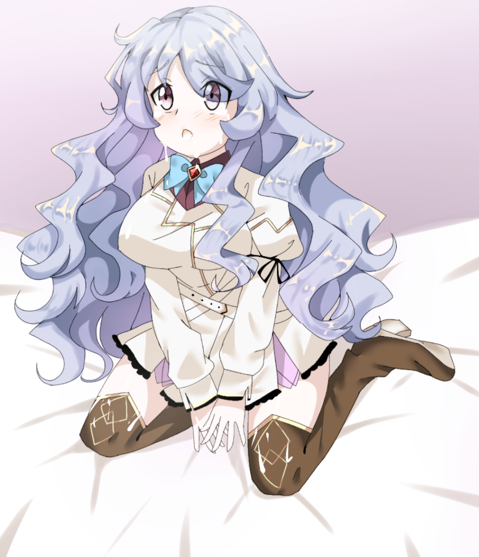 artist_name ass bed beyblade beyblade:_burst blue_hair blush boots breasts chankyone character_name crying cum cum_in_mouth jewelry large_breasts legs long_hair military military_uniform nishiro_nya open_eyes open_mouth purple_eyes simple_background sitting skirt solo uniform wavy_hair