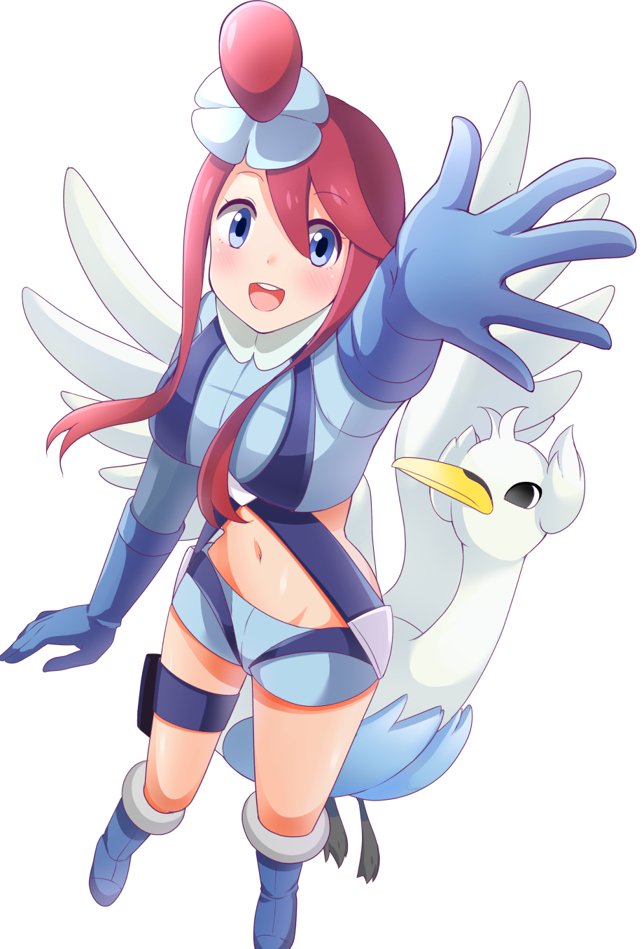 1girl :d arisu_(mikannjs) arm_up bangs belt blue_belt blue_eyes blue_footwear blue_gloves blue_jacket blue_shorts blush boots breasts commentary crop_top elbow_gloves eyebrows_visible_through_hair foreshortening fuuro_(pokemon) gen_5_pokemon gloves groin gym_leader hair_between_eyes hair_ornament highres holster jacket knee_boots large_breasts long_hair looking_at_viewer midriff navel open_mouth pilot_suit pokemon pokemon_(creature) pokemon_(game) pokemon_bw red_hair short_shorts shorts sidelocks simple_background smile solo_focus standing standing_on_one_leg swanna thigh_holster upper_teeth white_background