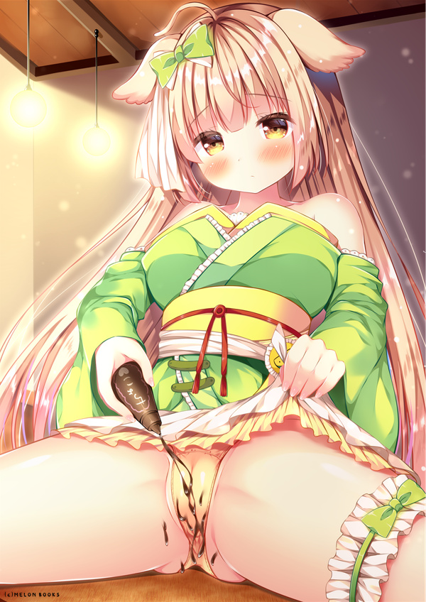1girl ahoge animal_ears bangs bare_shoulders blush bottle bow brown_eyes cameltoe ceiling_light chocolate closed_mouth commentary_request detached_sleeves eyebrows_visible_through_hair green_bow green_kimono green_sleeves hair_bow holding holding_bottle indoors japanese_clothes kimono light_brown_hair long_hair long_sleeves official_art original panties sitting solo spread_legs suzukawa_yui underwear very_long_hair wide_sleeves yellow_panties