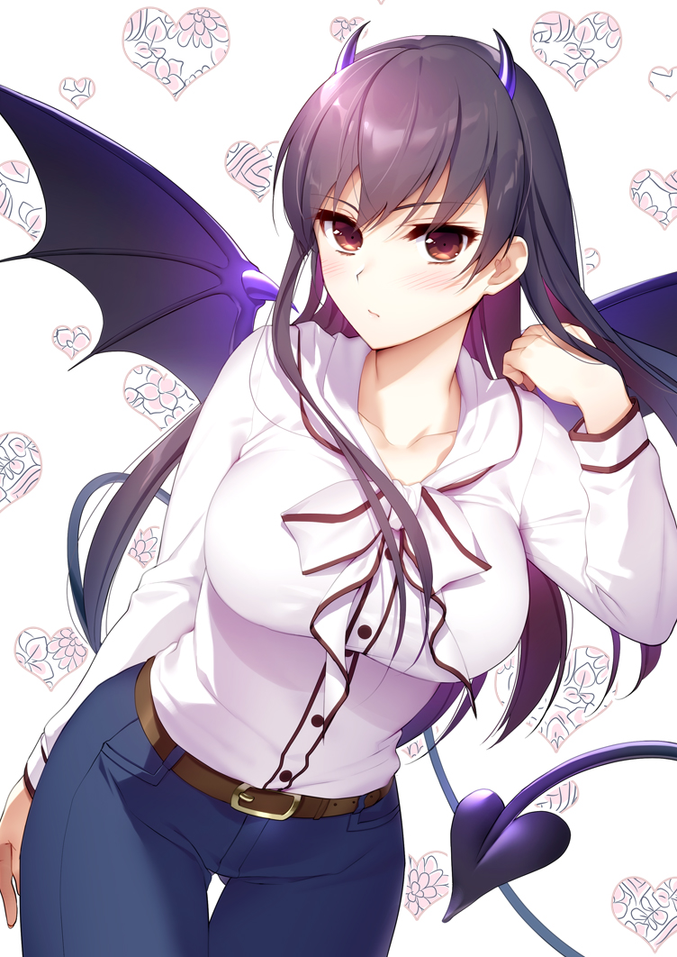 1girl arm_up belt belt_buckle blue_pants blush bow breasts buckle closed_mouth collarbone cowboy_shot demon_girl demon_horns demon_tail demon_wings denim eyebrows_visible_through_hair heart heart_background horns jeans large_breasts long_hair long_sleeves looking_at_viewer original pants purple_hair purple_wings red_eyes solo tail thigh_gap tsuyuta_kome v-shaped_eyebrows white_background white_bow white_hair wings
