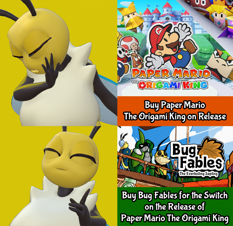 &gt;:( :3 angry antennae_(anatomy) anthro arthropod bee black_body bob-omb bowser bug_fables cloud disappointed english_text eyes_closed female fluffy forbiddenknights2 fungus goomba group happy honey_bee human hymenopteran insect kabbu_(bug_fables) koopa leif_(bug_fables) mammal mario mario_bros meme mushroom nintendo nintendo_switch origami paper paper_mario papercraft princess_peach reaction_image scalie shyguy simple_background sky solo text toad_(mario) vi_(bug_fables) video_games yellow_background yellow_body