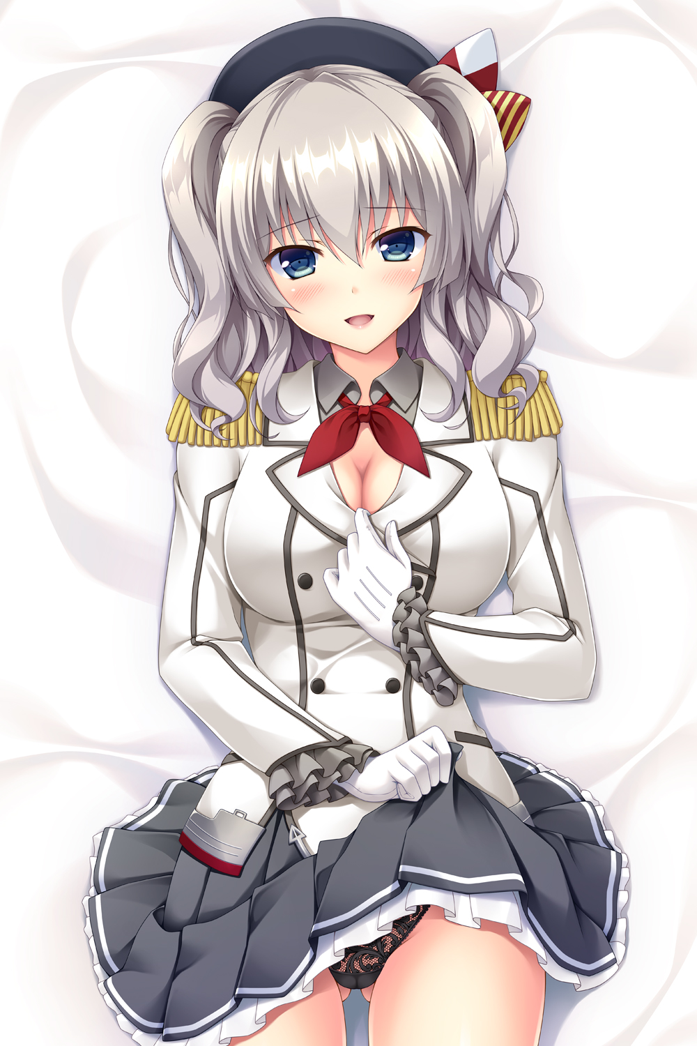 1girl beret black_panties blue_eyes blush breasts dakimakura epaulettes frilled_sleeves frills gloves grey_skirt hat highres jacket kantai_collection kashima_(kantai_collection) kerchief lace lace_panties large_breasts lifted_by_self long_sleeves lying military military_jacket military_uniform miniskirt neckerchief on_back panties pleated_skirt red_neckwear sidelocks silver_hair skirt skirt_lift solo sugii_tsukasa twintails underwear uniform wavy_hair white_gloves white_jacket
