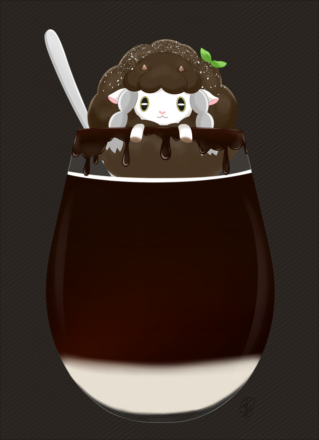:3 alternate_color amano_himame black_background chocolate commentary_request gen_8_pokemon glass no_humans plant pokemon pokemon_(creature) sheep shiny_pokemon slit_pupils spoon striped striped_background vertical_stripes wool wooloo
