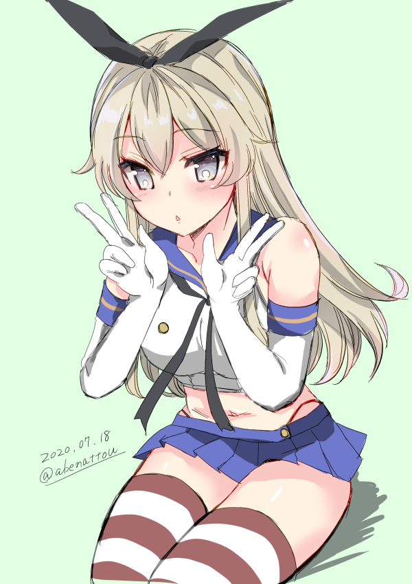 1girl abenattou black_hairband black_neckwear black_panties blonde_hair blue_sailor_collar blue_skirt cowboy_shot crop_top double_v elbow_gloves gloves grey_eyes hairband highleg highleg_panties kantai_collection long_hair microskirt miniskirt neckerchief panties sailor_collar shimakaze_(kantai_collection) sitting skirt solo striped striped_legwear thighhighs underwear v white_gloves