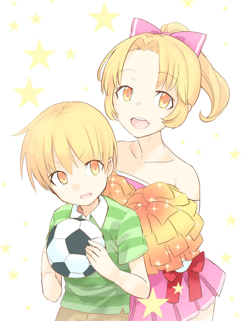 1boy 1girl anima_yell! ball blonde_hair bow brother_and_sister cheerleader hair_bow holding_pom_poms looking_at_viewer polo_shirt pom_poms ponytail sawatari_akane sawatari_uki shirt siblings simple_background sio_(kurara) soccer_ball star_(symbol) striped striped_shirt telstar white_background yellow_eyes