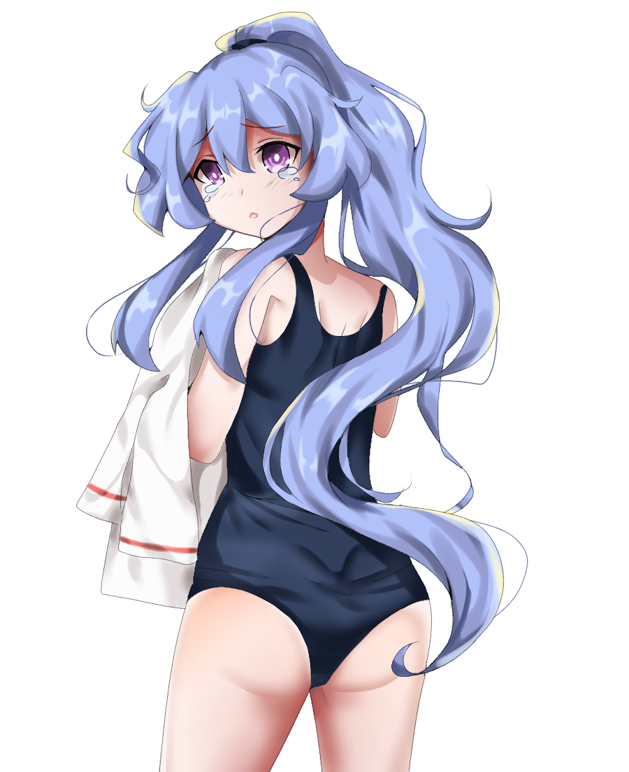 1girl artist_name ass back bare_shoulders beyblade beyblade:_burst blue_hair blush chankyone character_name crying formal legs long_hair nervous nishiro_nya open_eyes open_mouth purple_eyes short_twintails simple_background suit swimsuit twintails wavy_hair