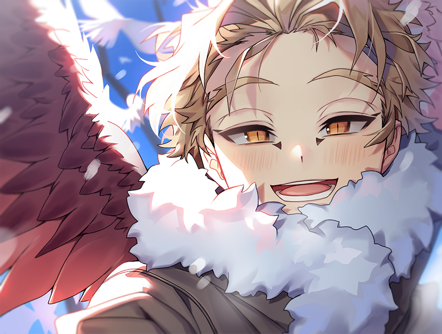 1boy bangs bird blue_sky blurry blurry_background blush boku_no_hero_academia brown_jacket commentary_request day face fur_collar fur_trim hawks_(boku_no_hero_academia) jacket lower_teeth open_mouth outdoors red_wings sal sky slit_pupils smile solo upper_teeth wings