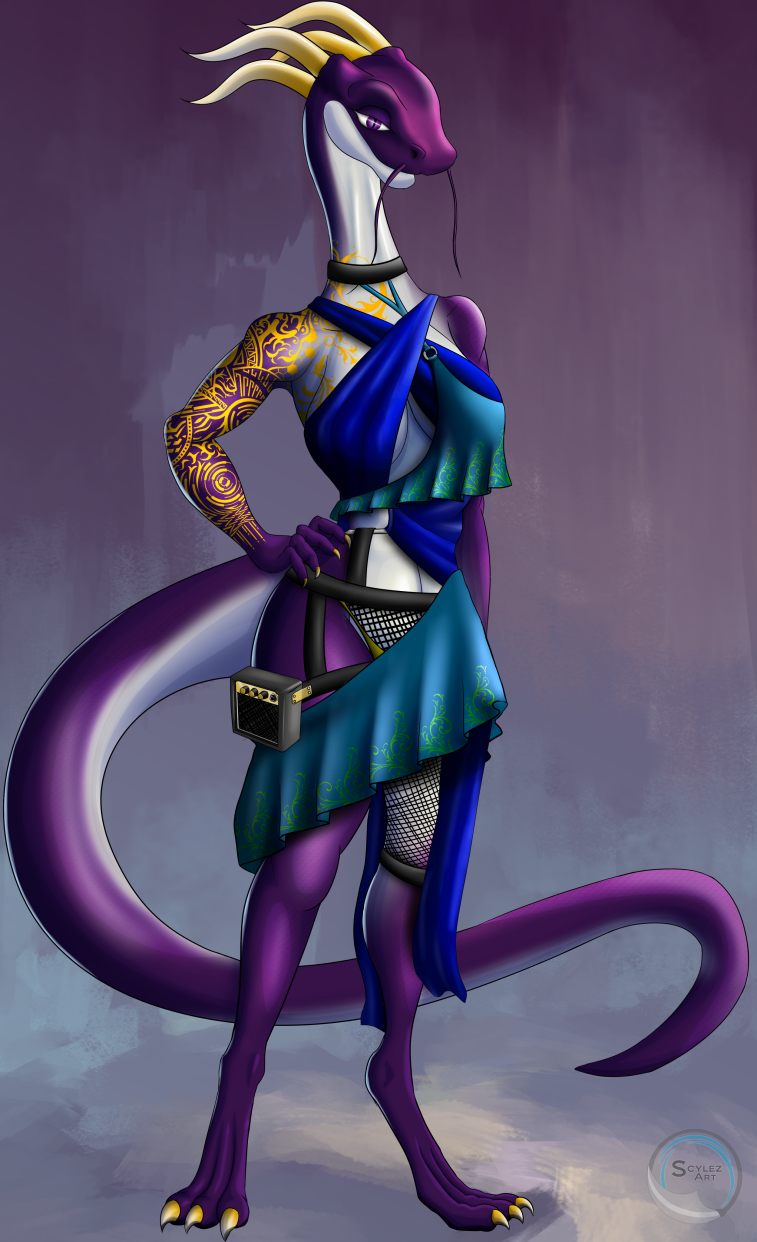 2020 3_toes anthro asian_mythology belly breasts claws clothed clothing digital_media_(artwork) digitigrade dragon east_asian_mythology eastern_dragon female fully_clothed hi_res horn io_(anzuneth) long_tail medium_breasts midriff mythology purple_body purple_eyes scalie scylez_art snout solo standing tattoo toes white_belly