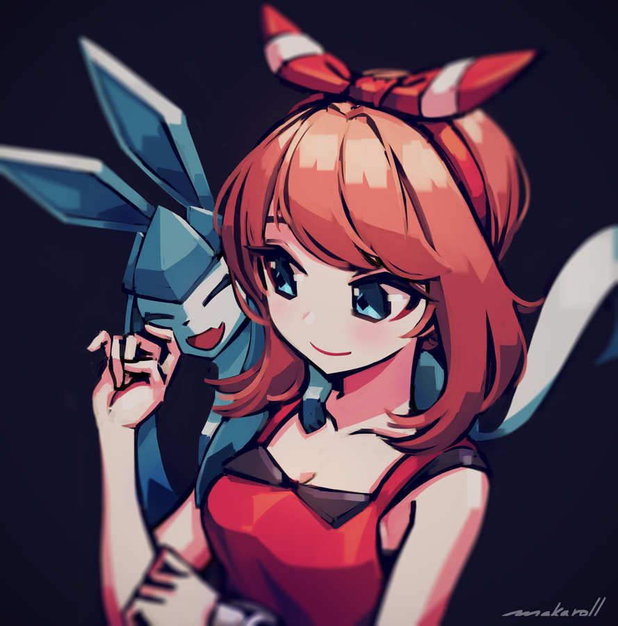 1girl allen_(makaroll) artist_name bangs blue_eyes blurry bow_hairband bracelet breasts brown_hair cheek_press cleavage closed_eyes closed_mouth collarbone commentary_request depth_of_field eyebrows_behind_hair fang gen_4_pokemon glaceon hair_ribbon hairband hand_up haruka_(pokemon) jewelry looking_at_another medium_breasts nuzzle open_mouth partial_commentary pokemon pokemon_(creature) pokemon_(game) pokemon_oras red_ribbon red_shirt ribbon shirt short_hair sidelocks skin_fang sleeveless sleeveless_shirt smile striped striped_ribbon swept_bangs upper_body