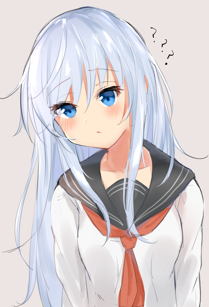 1girl ?? bangs black_sailor_collar blue_eyes blush collarbone collared_shirt eyebrows_visible_through_hair grey_background hair_between_eyes head_tilt hibiki_(kantai_collection) highres kantai_collection long_hair long_sleeves neckerchief red_neckwear sailor_collar sailor_shirt school_uniform serafuku shiny shiny_hair shirt silver_hair simple_background sketch solo straight_hair tachibana_(x_quick) upper_body very_long_hair white_shirt