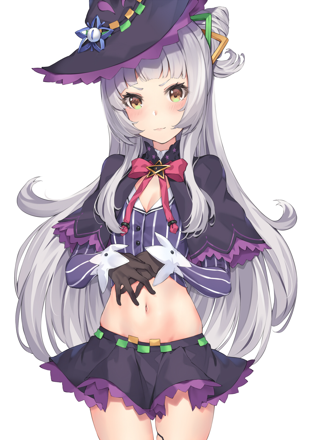 1girl bangs black_capelet black_gloves black_headwear black_skirt blunt_bangs blush capelet cowboy_shot crop_top gloves hair_bun hair_ornament hat highres hololive long_hair long_sleeves looking_at_viewer midriff murasaki_shion navel one_side_up pak_ce silver_hair skirt solo star_(symbol) tilted_headwear virtual_youtuber white_background witch_hat yellow_eyes