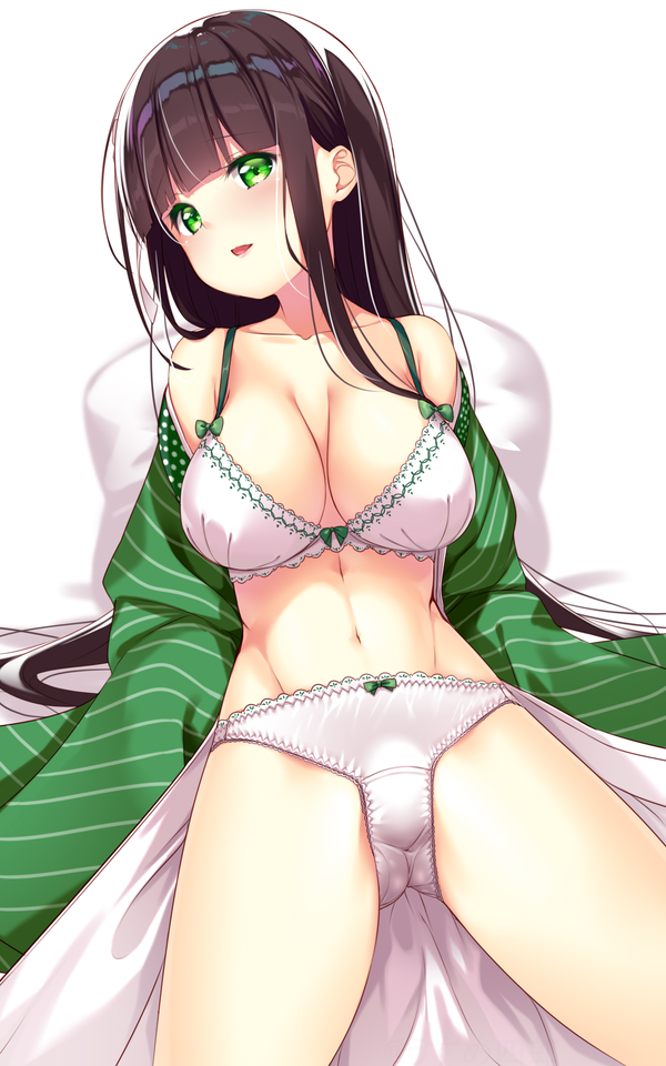 ama_usa_an_uniform ass_visible_through_thighs bed black_hair bra breasts cleavage gochuumon_wa_usagi_desu_ka? green_eyes green_kimono japanese_clothes kimono long_hair lying navel off_shoulder on_back open_clothes open_kimono open_mouth panties pillow polka_dot_trim sleeves_past_wrists smile striped striped_kimono thighs ujimatsu_chiya underwear usume_shirou white_bra white_panties