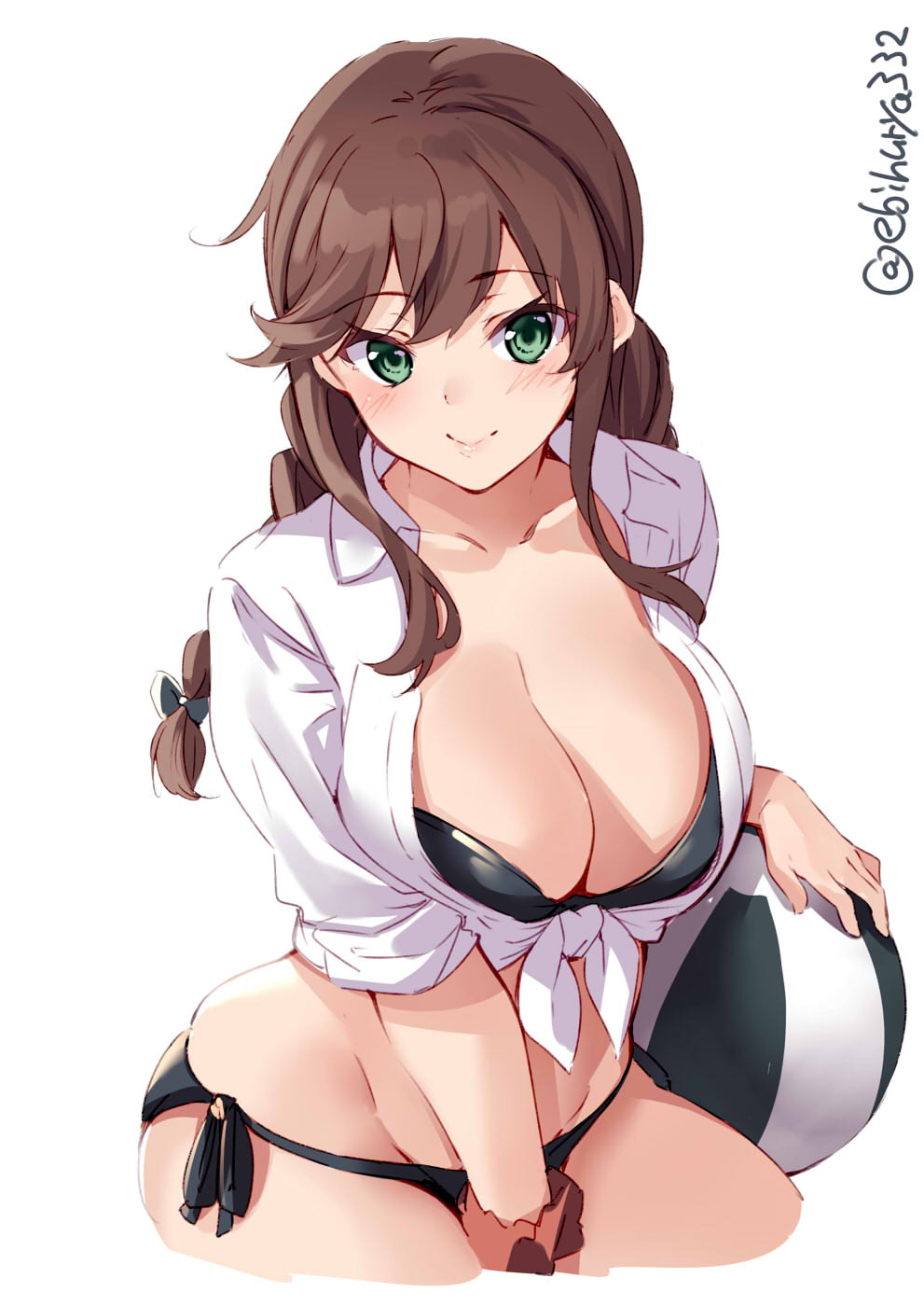 1girl ass ball bangs beachball bikini bikini_under_clothes black_bikini blush braid breasts brown_hair cleavage closed_mouth collarbone ebifurya green_eyes highres kantai_collection large_breasts looking_at_viewer noshiro_(kantai_collection) sarong shirt sidelocks simple_background smile solo swept_bangs swimsuit twin_braids twitter_username white_background white_shirt