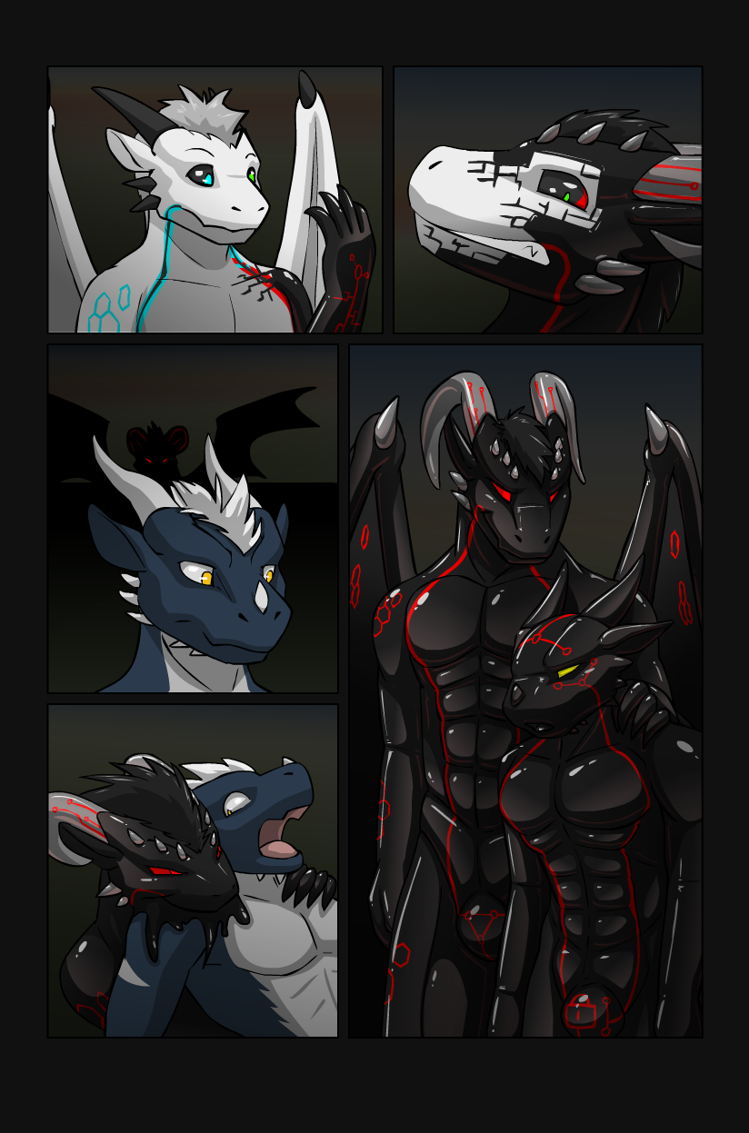 2018 anthro black_body black_border border dragon drone duo endium forced forced_transformation goo_creature goo_transformation hi_res living_latex lock_bulge male male/male membrane_(anatomy) membranous_wings muscular muscular_male null_bulge red_eyes sequence talen transformation vyrnen white_body wings