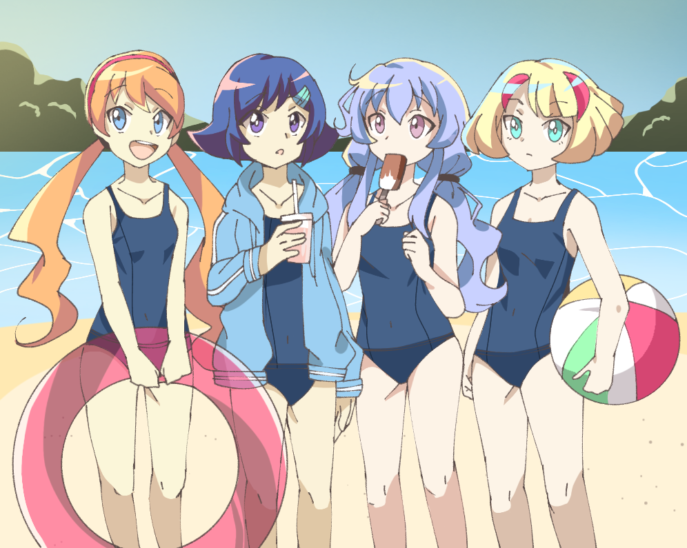 4girls artist_name ball bare_shoulders beach beyblade beyblade:_burst blonde_hair blue_eyes blue_hair breasts chankyone character_name chocolate cup floating floating_object formal green_eyes group_picture hairband happy holding ichika_kindo legs light long_hair multiple_girls nishiro_nya ocean open_eyes open_mouth orange_hair purple_eyes raika_(beyblade) red_hair shasa_gooden short_hair short_twintails sky small_breasts suit swimsuit twintails water