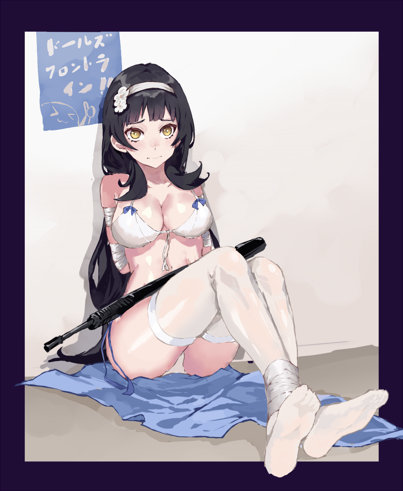 1girl amiba_(user_gdrv8448) arms_behind_back assault_rifle bangs bdsm bikini black_hair bondage bound bound_ankles bound_arms breasts bullpup chinese_commentary cleavage commentary_request flower frame front-tie_bikini front-tie_top girls_frontline gun hair_flower hair_intakes hair_ornament hairband long_hair qbz-95 qbz-95_(girls_frontline) restrained rifle sitting solo swimsuit weapon white_bikini white_flower white_hairband white_legwear yellow_eyes