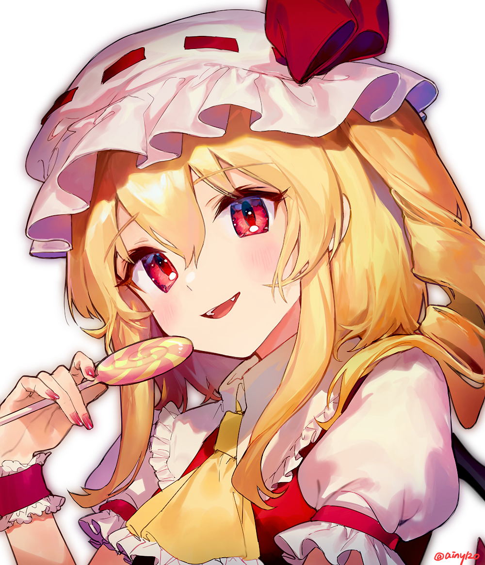 1girl :d ainy77 blonde_hair blush bow candy fang fingernails fingers flandre_scarlet food hat hat_bow hat_ribbon lollipop looking_at_viewer mob_cap nail_polish one_side_up open_mouth portrait puffy_short_sleeves puffy_sleeves red_bow red_eyes red_ribbon red_vest ribbon shirt short_hair short_sleeves simple_background smile solo swirl_lollipop touhou twitter_username vest white_background white_headwear white_shirt wings