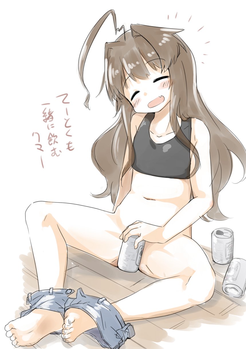 1girl ahoge alcohol alternate_costume bangs barefoot beer beer_can black_tank_top blush can closed_eyes covering denim denim_shorts eyebrows_visible_through_hair fang flat_chest highres huge_ahoge kantai_collection kuma_(kantai_collection) lifted_by_self long_hair nassukun navel open_mouth pussy shorts shorts_pull simple_background sitting solo tank_top tank_top_lift translation_request