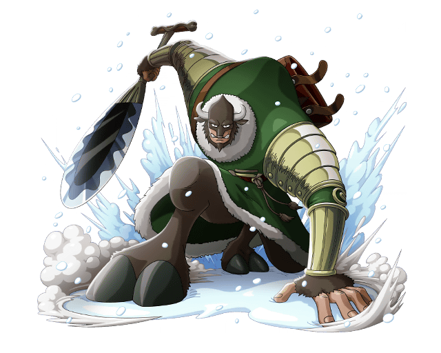 5:4 alpha_channel anthro armwear bodskih border bovid bovine brown_body brown_fur cattle clothing coat elbow_gloves fur gloves green_clothing handwear hooves horn male mammal one_piece snow solo topwear transparent_border weapon