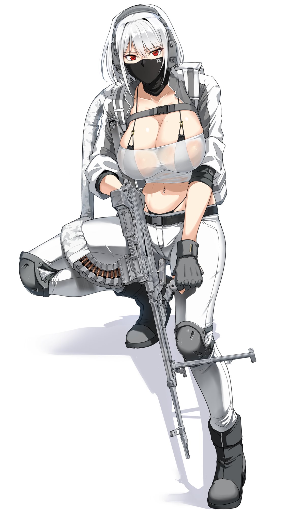 1girl body_armor body_piercings breasts gun halcon headgear highres large_breasts machine_gun mask mole mole_on_breast mouth_mask navel original red_eyes see-through short_hair simple_background solo thong_panties weapon white_background white_hair