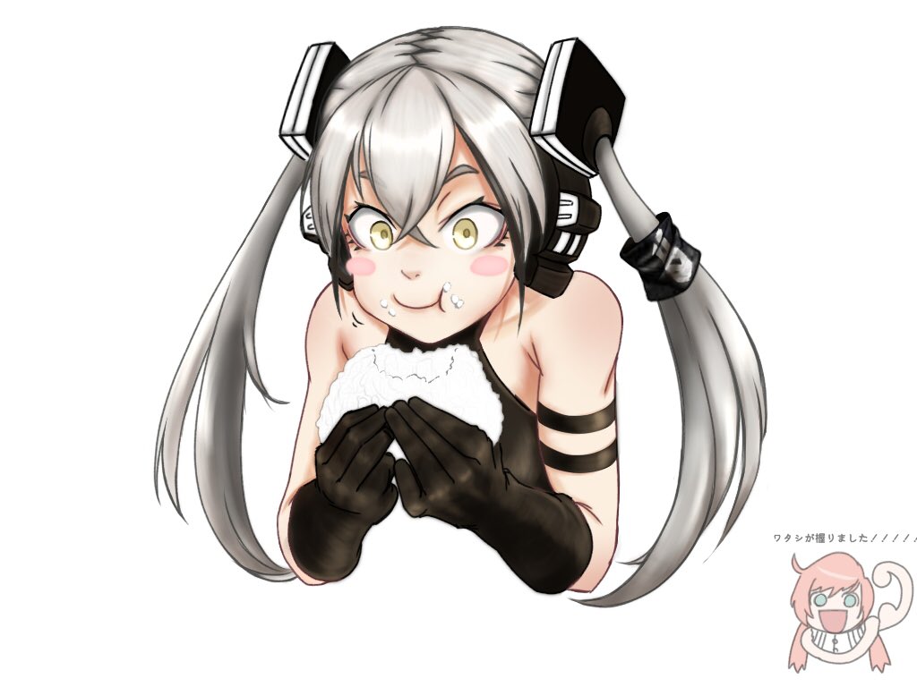 2girls bare_shoulders blush_stickers collarbone destroyer_(girls_frontline) food food_on_face girls_frontline happy long_hair multiple_girls onigiri rob_110101101 sangvis_ferri sidelocks silver_hair smile solo_focus twintails very_long_hair yellow_eyes