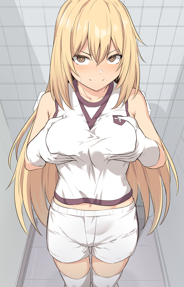 +_+ 1girl bangs bare_shoulders blonde_hair blush breast_grab breast_lift breasts brown_eyes closed_mouth collarbone cowboy_shot disconnected_mouth gloves grabbing gym_shorts gym_uniform hair_between_eyes indoors large_breasts long_hair looking_at_viewer midriff navel shirt shiseki_hirame shokuhou_misaki short_shorts shorts sleeveless sleeveless_shirt smile solo sparkling_eyes standing symbol-shaped_pupils thighhighs tiles to_aru_kagaku_no_railgun to_aru_majutsu_no_index white_gloves white_legwear white_shorts yellow_eyes