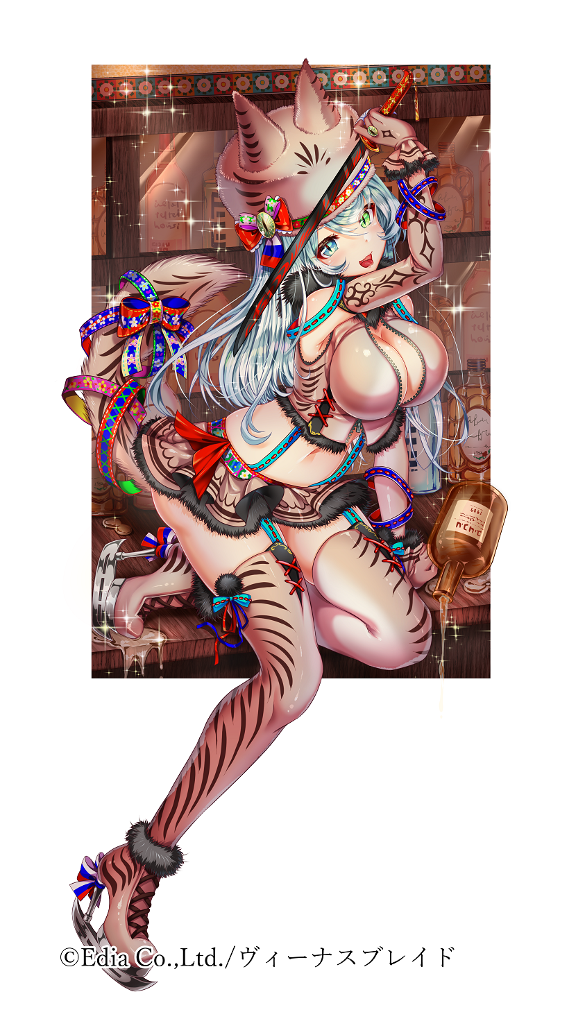 1girl animal_ears aqua_eyes breasts cleavage copyright_name fang green_eyes heterochromia highres holding holding_sword holding_weapon large_breasts long_hair looking_at_viewer midriff navel official_art silver_hair smile solo sword tail teltelhousi tongue tongue_out venus_blade weapon wolf_ears wolf_hat wolf_tail