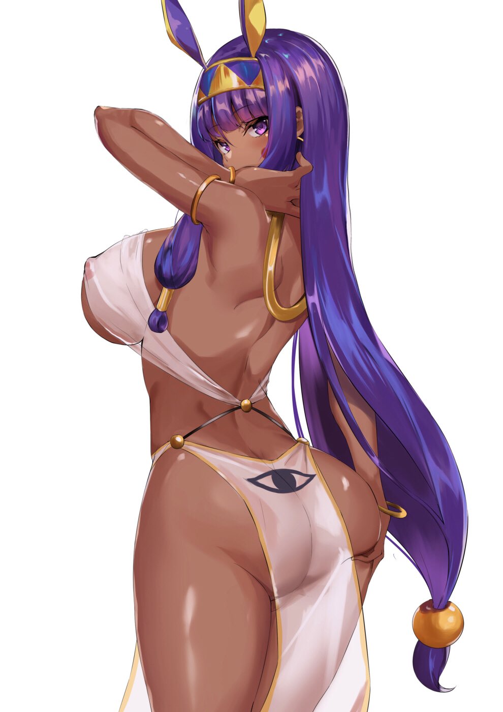 1girl animal_ears armlet ass back bangs bare_shoulders blunt_bangs blush bracelet breasts covered_nipples dark_skin earrings egyptian_clothes facepaint facial_mark fate/grand_order fate_(series) hair_between_eyes hairband highres hoop_earrings jackal_ears jewelry large_breasts long_hair looking_at_viewer low-tied_long_hair nitocris_(fate/grand_order) pelvic_curtain purple_eyes purple_hair revision see-through sidelocks simple_background solo spider_apple swimsuit thighs very_long_hair white_background white_swimsuit