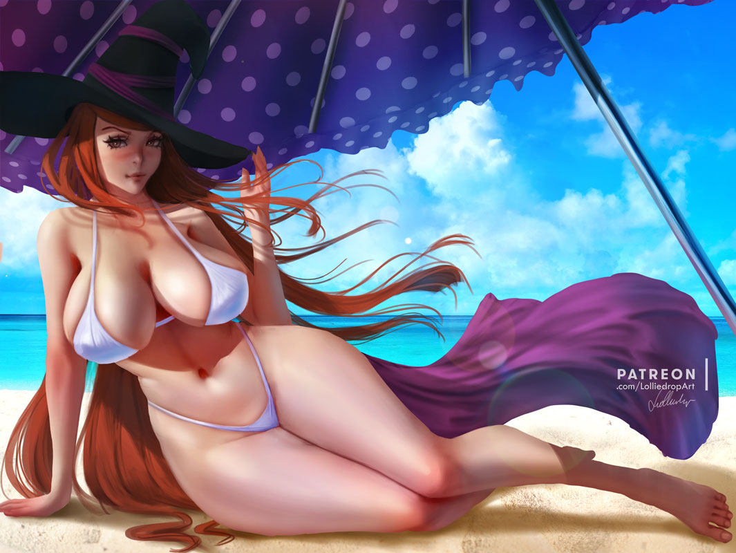 1girl alternate_costume arm_support bare_shoulders beach beach_umbrella bikini blue_sky blush breasts brown_eyes cleavage closed_mouth cloud dragon's_crown halterneck hand_up hat large_breasts lolliedrop long_hair looking_at_viewer navel ocean pinup sand shore sitting sky sorceress sorceress_(dragon's_crown) summer swimsuit thighs umbrella very_long_hair water white_bikini witch_hat