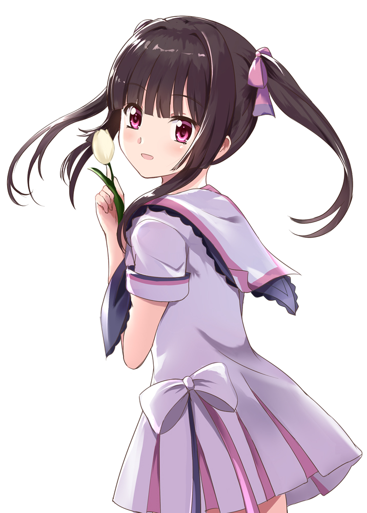 1girl :d bangs black_hair black_neckwear bow commentary_request dress eyebrows_visible_through_hair flower hair_bow hand_up holding holding_flower long_hair looking_at_viewer looking_to_the_side neckerchief open_mouth pink_bow pleated_dress purple_eyes rikopin sailor_collar sailor_dress senki_zesshou_symphogear simple_background smile solo tsukuyomi_shirabe tulip twintails white_background white_bow white_dress white_flower white_sailor_collar