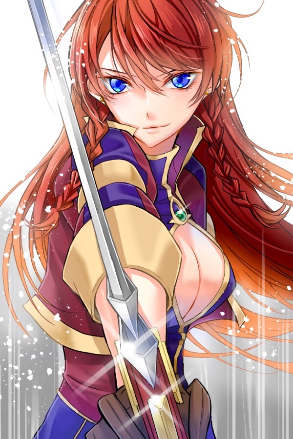 1girl bangs blue_eyes braid breasts brown_gloves cleavage cleavage_cutout closed_mouth earrings floating_hair gloves hair_between_eyes holding holding_sword holding_weapon jewelry long_hair looking_at_viewer medium_breasts re:creators red_hair selesia_upitiria shiny shiny_hair smile smug solo standing swept_bangs sword very_long_hair weapon white_background yae_chitokiya